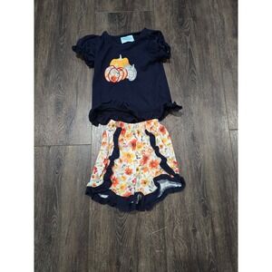 Thomas & Turner Girls 3T Pumpkin Floral Ruffle Shorts Set Navy Blue Fall Outfit